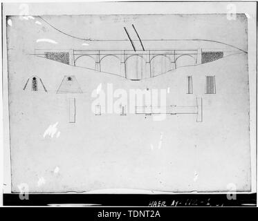 Fotokopiert Dezember 1977, aus lose original Technische Zeichnung (Bleistift), Jervis Bibliothek. Erste BRÜCKE DESIGN FÜR DIE KREUZUNG MILL RIVER. Struktur NICHT GEBAUT. - Alte Croton Aqueduct, Mill River Düker, US-Weg 9 im Sleepy Hollow Cemetery, Tarrytown, Westchester County, NY Stockfoto