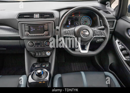 Hongkong, China, April 2019: Nissan Leaf Innenraum am 15. April 2019 in Hong Kong. Stockfoto