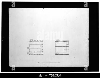 Die fotokopie einer gemessenen Zeichnung (Original von der Königlich Dänischen Akademie der feinen künste (Kunstakademiets), Kopenhagen, Dänemark, 1961 abgegrenzt) PLÄNE DER ERSTEN UND ZWEITEN ETAGE - Einkaufsstraße Alle 21 (Haus), Christiansted, St. Croix, VI Stockfoto