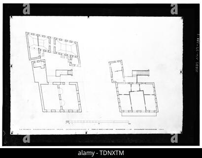 Die fotokopie einer gemessenen Zeichnung (Original im Besitz des Kunstakademiets (Königliche Akademie der Schönen Künste), Kopenhagen, Dänemark, 1961) PLÄNE DER ERSTEN UND ZWEITEN ETAGE - Dronningensgade 2 (Haus), 2 Queen Street, Charlotte Amalie, St. Thomas, VI Stockfoto