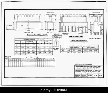 Kopie der Zeichnung (dieses Foto ist eine 8'' x 10'' Kontakt Drucken; 4. Januar 1995 Revision eines Februar, 1992 erbaut als Zeichnung von M. Villafane, im Besitz der Highway System Administration Office der Puerto Rico Autobahn und Transport Authority) Brücke über den Rio Grande de Arecibo, Route Nr. 2 Km. 74.75. Arecibo, V.R. Brücke Nr. 44. Nr. 4 von 4. - Puente del Rio Grande de Arecibo, Spanning Rio Grande de Arecibo Kanal, Cambalache Nachbarschaft, Arecibo, Arecibo Municipio, PR; Nones, Rafael; Gonzalez, Adriano; Arqueologia industrielle Caribena, Auftragnehmer; Calloway, Deborah, Getriebe Stockfoto