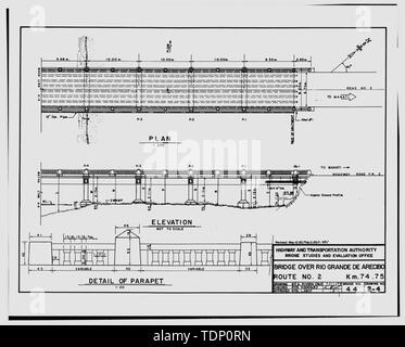 Kopie der Zeichnung (dieses Foto ist eine 8'' x 10'' Kontakt Drucken; Januar, 1995 Revision einer Juli 11, 1973, Zeichnung von A. Rivera-Cruz gebaut, im Besitz der Highway System Administration Office der Puerto Rico Autobahn und Transport Authority) Brücke über den Rio Grande de Arecibo, Route Nr. 2 Km. 74.75. Brücke Nr. 44. Nr. 2 von 4. - Puente del Rio Grande de Arecibo, Spanning Rio Grande de Arecibo Kanal, Cambalache Nachbarschaft, Arecibo, Arecibo Municipio, PR; Nones, Rafael; Gonzalez, Adriano; Arqueologia industrielle Caribena, Auftragnehmer; Calloway, Deborah, Sender; Mendez-Ca Stockfoto