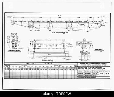 Kopie der Zeichnung (dieses Foto ist eine 8'' x 10'' Kontakt Drucken; November 1, 1993 Revision eines Mai, 1982 als integrierte Zeichnung von M. Villafane, im Besitz der Highway System Administration Office der Puerto Rico Autobahn und Transport Authority) Brücke über Perdomo Kanal, Straße Nr. S.R.2, Km. 75.60, Arecibo, VR-Nr. 2 von 3. - Puente del Caño Perdomo, Route PR-2 spanning Cano Perdomo Kanal, Arecibo, Arecibo Municipio, PR; Nones, Rafael; Gonzalez, Adriano; Arqueologia industrielle Caribena, Auftragnehmer; Calloway, Deborah, Sender; Mendez-Caratini, Hector, Fotograf; Pumarada Stockfoto