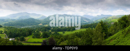 Einen Panoramablick auf Wetherlam, Lingmoor fiel, Great Langdale Valley und Langdale Pikes aus Loughrigg fiel im Lake District, Cumbria, England. Stockfoto