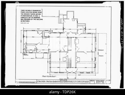 Fotokopie der unvollständige Zeichnung von Frank Chouteau Braun vor der Restaurierung 1962. Ersten GRUNDRISS - Crocker Taverne, Main Street, Barnstable, Barnstable County, MA Stockfoto