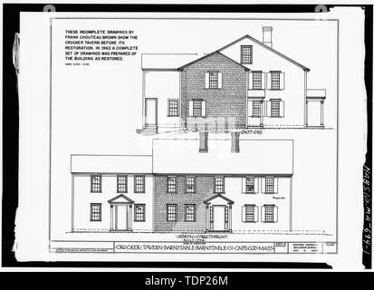 Fotokopie der unvollständige Zeichnung von Frank Chouteau Braun vor der Restaurierung 1962. Norden und Osten ERHÖHUNGEN - Crocker Taverne, Main Street, Barnstable, Barnstable County, MA Stockfoto
