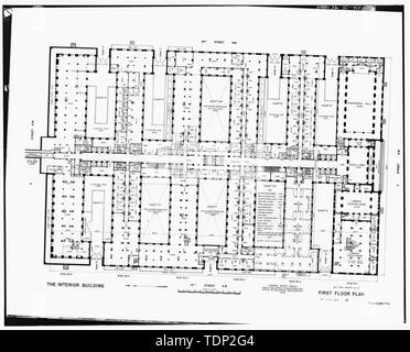 Fotokopie des gemessenen Zeichnung (aus nationalen Record Centre, Suitland, Maryland, R.G. 121-76-301, Box 83, Nr. DC 0020 ZZ 13) Hilfswerk 1947 ERSTEN GRUNDRISS überarbeitet - US-Innenministerium, achtzehnten und C Straßen Northwest, Washington, District of Columbia, DC Stockfoto