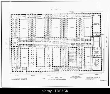 Fotokopie des gemessenen Zeichnung (aus nationalen Record Centre, Suitland, Maryland, R.G. 121-76-301, Box 83, Nr. DC 0020 ZZ14) durch die Bundesregierung arbeitet Agentur 1947 zweiten Floor Plan überarbeitet - US-Innenministerium, achtzehnten und C Straßen Northwest, Washington, District of Columbia, DC Stockfoto