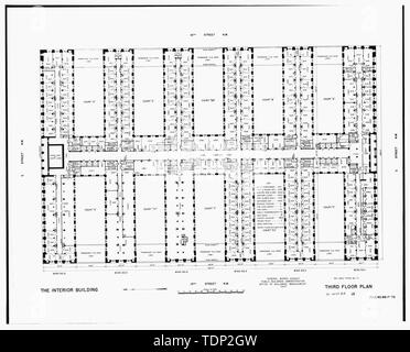 Fotokopie des gemessenen Zeichnung (aus nationalen Record Centre, Suitland, Maryland, R.G. 121-76-301, Box 83, Nr. DC 0020 ZZ 15) durch die Bundesregierung arbeitet Agentur 1947 dritten Stock Plan überarbeitet - US-Innenministerium, achtzehnten und C Straßen Northwest, Washington, District of Columbia, DC Stockfoto