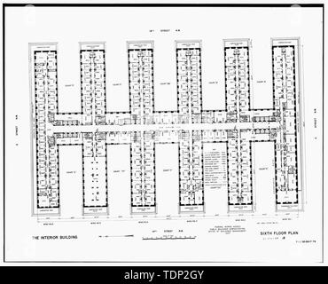 Fotokopie des gemessenen Zeichnung (aus nationalen Record Centre, Suitland, Maryland, R.G. 121-76-301, Box 83, Nr. DC 0020 ZZ 18) durch die Bundesregierung arbeitet Agentur 1947 Sixth Floor Plan überarbeitet - US-Innenministerium, achtzehnten und C Straßen Northwest, Washington, District of Columbia, DC Stockfoto