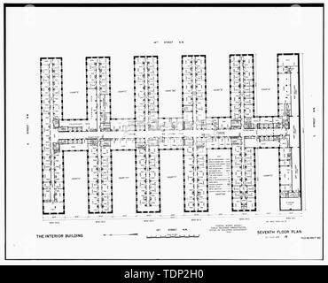 Fotokopie des gemessenen Zeichnung (aus nationalen Record Centre, Suitland, Maryland, R.G. 121-76-301, Box 83, Nr. DC 0020 ZZ 19) durch die Bundesregierung arbeitet Agentur 1947 7. Stock Plan überarbeitet - US-Innenministerium, achtzehnten und C Straßen Northwest, Washington, District of Columbia, DC Stockfoto