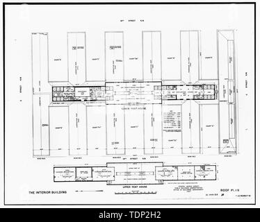 Fotokopie des gemessenen Zeichnung (aus nationalen Record Centre, Suitland, Maryland, R.G. 121-76-301, Box 83, Nr. DC 0020 ZZ 20) durch die Bundesregierung arbeitet Agentur 1947 8 GRUNDRISS UND DACH PLAN überarbeitet - US-Innenministerium, achtzehnten und C Straßen Northwest, Washington, District of Columbia, DC Stockfoto