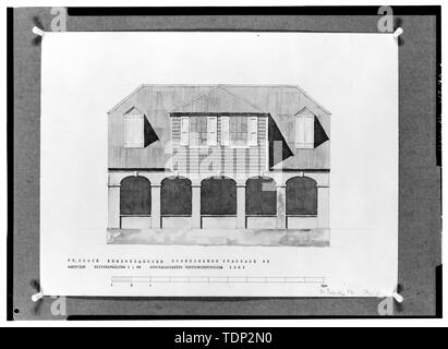 Fotokopie des gemessenen Zeichnung (Original von der Königlich Dänischen Akademie der feinen künste (Kunstakademiets), Kopenhagen, Dänemark, 1961) Fotograf und Datum der Aufnahme unbekannt VORNE (Straße) Höhenlage - dronningens Tvaergade 42 (House), 42 Queens Road, Christiansted, St. Croix, VI beschrieben Stockfoto