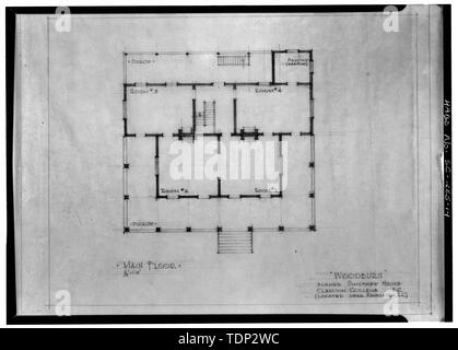 Fotokopie des gemessenen Zeichnung (Quelle unbekannt) 1945?, delineator unbekannten ersten Grundriss - Woodburn, Woodburn Straße, U.S. Route 76 Nähe, Pendleton, Anderson County, SC Stockfoto