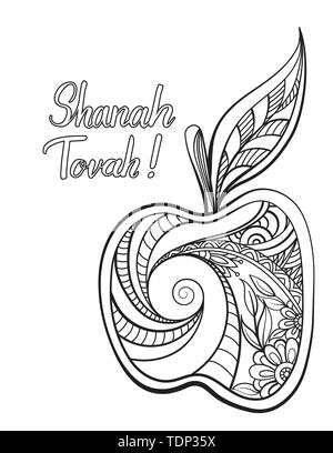 Rosch Haschana - das Jüdische Neue Jahr Färbung Seite mit Apple. Hebräische Text Frohes neues Jahr. Schwarze und weiße Vector Illustration. Stock Vektor