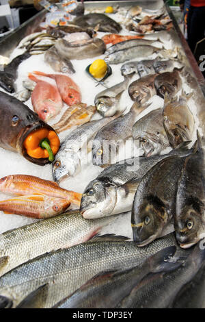 Große Auswahl an Fisch und Meeresfrüchten auf fischmarkt Anzeige Stockfoto