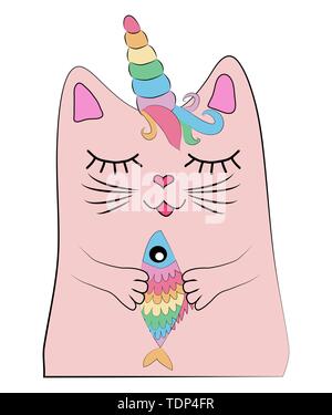 Cat Einhorn mit einem Regenbogen Fische in die Pfoten, Druck, Design Stock Vektor