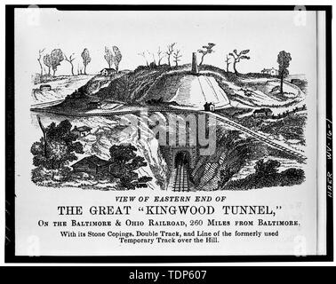 Fotokopiert 1974, Das Buch der großen Bahn Feiern von 1857, William Prescott Smith, New York, D. Appleton und Co., 1857 Zeichnung, DAS ÖSTLICHE ENDE DER KINGWOOD TUNNEL. - Baltimore und Ohio Railroad, Kingwood Tunnel, Tunnelton, Preston County, WV; Fink, Albert; LaTrobe, Benjamin H Stockfoto