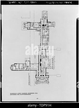 Fotokopie der Bauzeichnung, Platte-127 PLAN MAIN FLOOR - Avery Coonley House, 300 Scottswood Road, 281 Bloomingbank Road, Riverside, Cook County, IL Stockfoto