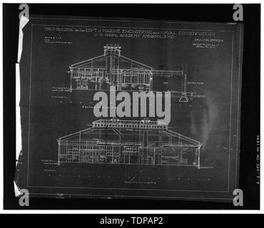 Kopie der Zeichnung (Von der Abteilung des Marine, öffentliche Archive, Annapolis, MD) Ernest Flagg, Architekt, Datum unbekannt Abschnitte der Südwesten und Nordwesten BLICK - US Naval Academy, Isherwood Shop, Annapolis, Anne Arundel County, MD; Flagg, Ernest; Isherwood, Benjamin Franklin; Noel Bauunternehmen; Stehle, Bean, Bean; Unbekannt, Fotograf; Earle, Lawrence S., Historiker Stockfoto