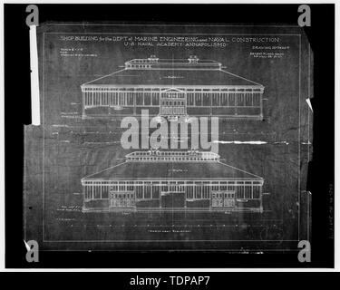 Kopie der Zeichnung (Von der Abteilung des Marine, öffentliche Archive, Annapolis, MD) Ernest Flagg, Architekt, Datum unbekannt Südosten und Nordwesten ERHÖHUNGEN - US Naval Academy, Isherwood Shop, Annapolis, Anne Arundel County, MD; Flagg, Ernest; Isherwood, Benjamin Franklin; Noel Bauunternehmen; Stehle, Bean, Bean; Unbekannt, Fotograf; Earle, Lawrence S., Historiker Stockfoto