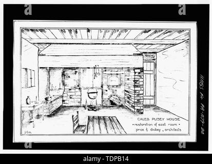 Kopie der Zeichnung (Original in Sammlung von Preis und Dickey, Architekten) MUTMASSLICH RESTAURIERUNG VON OSTEN, ERSTE ETAGE - Kaleb Pusey House, 15 Rennen Straße (Landingford Plantation), Hochland, Delaware County, PA Stockfoto