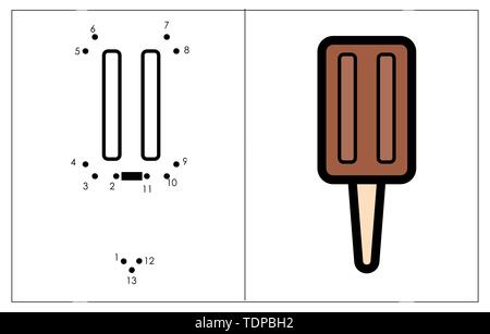 Zeichnen Sie eine Katze verbinden Sie die Punkte. Cartoon popsicle Eis für Lernspiel für Kinder, Vector Illustration Arbeitsblatt Aktivität für Kleinkinder. Educat Stock Vektor