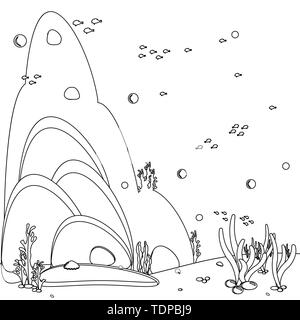 Ozean Hintergrund. Panorama Landschaft Meer unten. Schwarze und weiße Linie kunst Symbol. Malbuch Seite für Kinder. Silhouette Fische, Algen und Korallen, Muscheln Stock Vektor