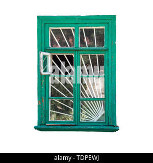 Retro Holz- Fenster, Grün auf weißem Hintergrund mit Freistellungspfad isoliert, Elemente für Design. Stockfoto