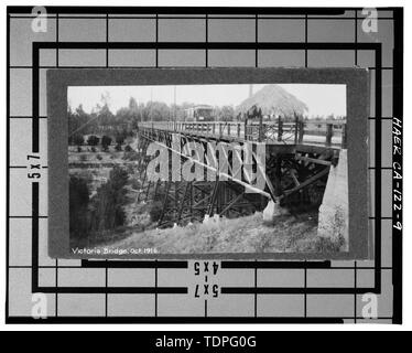 (Original Drucken am Flußufer Bibliothek, lokale Geschichte Sammlung), Fotograf unbekannt, Oktober 1916. Ehemalige "VICTORIA BRIDGE" (HOWE DECK TRUSS UNTERSTÜTZT VON DOUBLES) nach Südwesten, MIT STRASSENBAHN UND STROHGEDECKTEN, FREITRAGENDE FUSSGÄNGERZONE PLATTFORM - Victoria Bridge, Spanning Tequesquite Arroyo, Riverside, Riverside County, CA Stockfoto