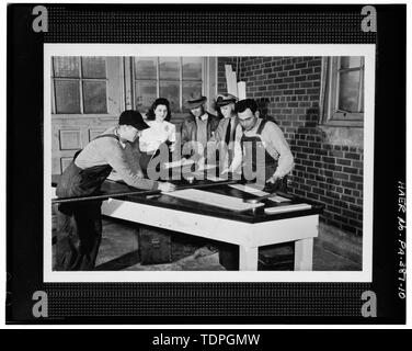 . Fotograf unbekannt. Typische Vorschlag award Foto aus dem Zweiten Weltkrieg. Nützliche Vorschläge wurden eine 50 $ Anleihe und in der Regel ein Foto auf der Werft Zeitung ausgezeichnet, die Rundumleuchte. Das Foto zeigt eine verbesserte Bilge block Vorlage layout Tabelle nach rechts - Stuart S. Sanders, Rosalie Moschella, Eddie Ormond, Lt CDR-Links. J.M. Ballinger, und A.A. Goldman. - Naval Base Philadelphia-Philadelphia Naval Shipyard, Liga Insel, Philadelphia, Philadelphia County, PA Stockfoto