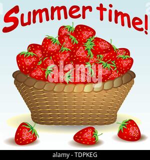 Weidenkorb ohne Griff, eine Schale voller Beeren, Erdbeeren, Erdbeeren in der Nähe verstreut. Stock Vektor