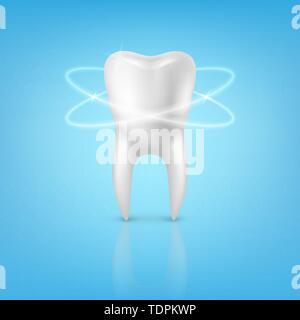 Vector3d realistisch Rendern menschlichen Zahn mit Glow Closeup isoliert auf blauem Hintergrund. Dental, Medizin und Gesundheit Konzept, Design Vorlage. Medizinische Stock Vektor