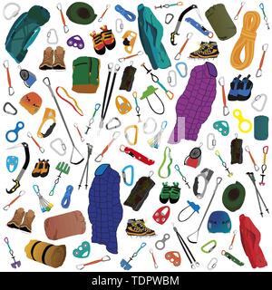 Vector Illustration der verschiedenen Gangs und Zubehör für Camping und Klettern Stock Vektor