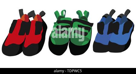 Vector Illustration von Paaren von Kletterschuhe von drei helle Farben Stock Vektor