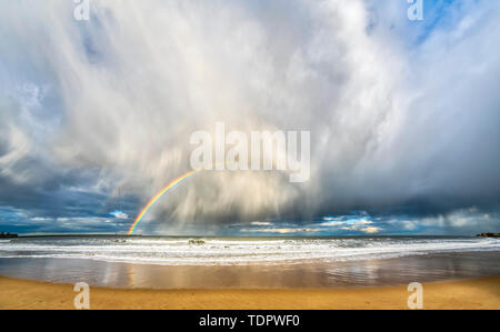 Regenbogen über Gewitterwolken vom Strand gesehen; South Shields, Tyne und Wear, England Stockfoto