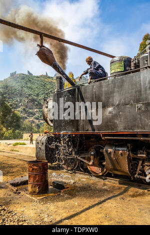 Ingenieur, der der Dampflokomotive Ansaldo 442, die 1938 gebaut wurde, Wasser zuführt und für den Transport von Fracht von der Hafenstadt Massawa in die... Stockfoto