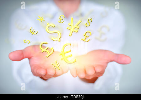 Close-up Geschäftsmann mit Geld Symbol in der Luft schweben Stockfoto