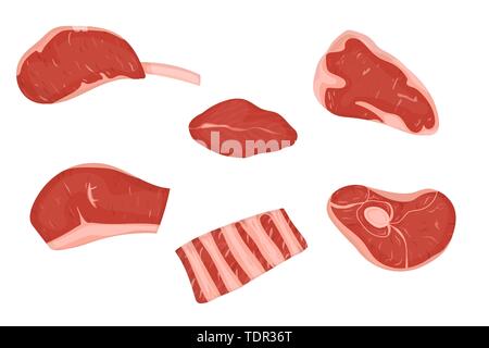 Eingestellt von frischem Fleisch schneidet. Vector Illustration. Weißer Hintergrund. Stock Vektor