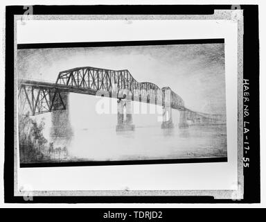 Fotografische Kopie von 7 und-148; x12 und -148; schwarz-weiß Foto von 1927 Bleistift Zeichnung montiert auf Karton von Hugh Ferris. In übergroßen Kasten an der nationalen Museum der amerikanischen Geschichte, Smithsonian Institution, Archive, Arbeit und Industrie Division, Washington, D.C. Lose; 1927 Bleistift Zeichnung MONTIERT AUF KARTON VON HUGH FERRIS, ÄLTERE AUSFÜHRUNG DER VORGESCHLAGENEN Mississippi River Bridge. - Huey P. Lange Brücke, Spanning Mississippi River etwa auf halbem Weg zwischen neun und zwölf Kilometer Punkte vor westlich von New Orleans, Jefferson, Jefferson Parish und, Stockfoto