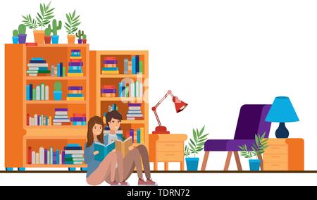 Paar mit Buch in der Hand im Wohnzimmer Stock Vektor