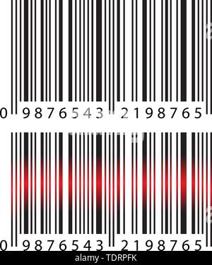 Moderne realistische Einfache Barcode und Strichcode mit rotem Laserlicht auf weißem Hintergrund. Marketing, Internet Konzept, Supermarkt kaufen, Mobile App etc. Logo Stock Vektor