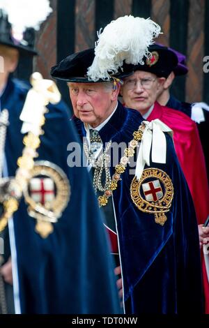 Windsor, Großbritannien. 17 Juni, 2019. Prinz Charles die Teilnahme an der Prozession von der Strumpfband Ritter und Damen nach St. George's Chapel auf Schloss Windsor in Windsor, am 17. Juni 2019, König Willem-Alexander und König Felipe sind von Ihrer Majestät Königin Elizabeth II. in den edlen Auftrag des Strumpfband installiert. Während der jährlichen Zeremonie, die Sie als überzähligen Ritter der Strumpfband Foto: Albert Nieboer/Niederlande/Point de Vue | Quelle: dpa Picture alliance/Alamy Leben Nachrichten installiert sind Stockfoto