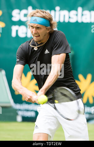 Alexander Zverev (GER) mit Kugel, Single Action mit Kugel, Aktion, halb Bild, halb Abbildung, Porträt, Tennis, 27 NOVENTI Open 2019 ATP World Tour am 17.06.2019 in Halle (Westf.)/Deutschland. | Verwendung weltweit Stockfoto