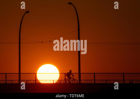 Magdeburg, Deutschland. Juni, 2019 18. Ein Radfahrer die Brücke bei Sonnenaufgang. Die Region rund um die Landeshauptstadt ist mit einem warmen, sonnigen Sommertag. Es ist heiss. Am späten Nachmittag sollte die Temperatur über 30 Grad Celsius liegen. Credit: Klaus-Dietmar Gabbert/dpa-Zentralbild/ZB/dpa/Alamy leben Nachrichten Stockfoto