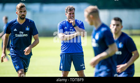 Hamburg, Deutschland. Juni, 2019 19. 2. Fussball Bundesliga, Ausbildung kick-off Hamburger SV. Hamburg Trainer Dieter Hecking beobachtet die Spieler während des laufenden Übungen. Quelle: Axel Heimken/dpa - WICHTIGER HINWEIS: In Übereinstimmung mit den Anforderungen der DFL Deutsche Fußball Liga oder der DFB Deutscher Fußball-Bund ist es untersagt, zu verwenden oder verwendet Fotos im Stadion und/oder das Spiel in Form von Bildern und/oder Videos - wie Foto Sequenzen getroffen haben./dpa/Alamy leben Nachrichten Stockfoto