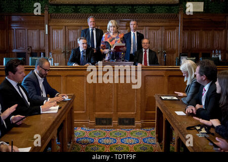 (Von links nach rechts) Charles Walker, Bob Blackman, Dame Cheryl Gillan, Nigel Evans und Geoffrey Clifton-Brown verkünden die Ergebnisse der fünften Wahlgang der Tory Führung Abstimmung im Parlament in Westminster, London. Boris Johnson und Jeremy Hunt kämpft der nächste Ministerpräsident zu werden, nachdem Michael Gove wurde in der letzten Runde der Abstimmung von MPs eliminiert. Stockfoto