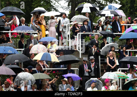 Massen von racegoers Sonnenschirme halten während der Tag zwei des Royal Ascot Hotel in Ascot Pferderennbahn. Stockfoto