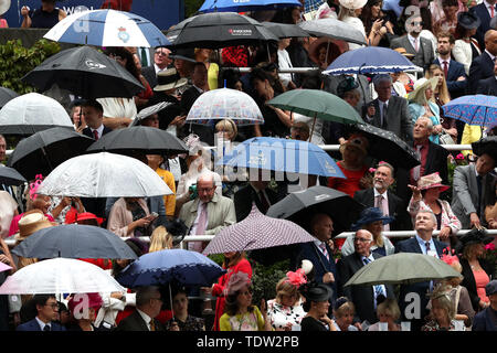 Massen von racegoers Sonnenschirme halten während der Tag zwei des Royal Ascot Hotel in Ascot Pferderennbahn. Stockfoto