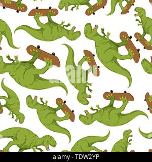 Tyrannosaurus auf Skateboard Muster Nahtlose. Dino Skateboarder Hintergrund. T-Rex Textur. Prähistorische Eidechse monster Reiten longboard Stock Vektor